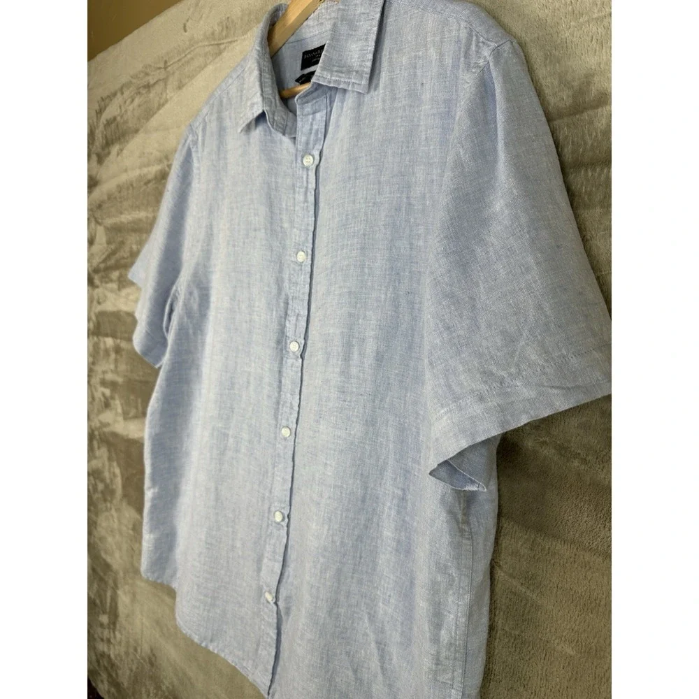 Banana Republic Men's L Tall Blue Linen-Cotton Slim Short Sleeve Button-Up Shirt